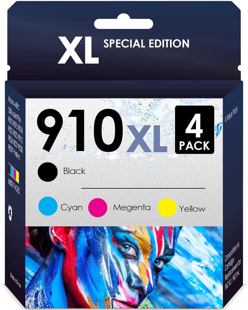 Compatible 910XL Ink Cartridge Replacement for HP Officejet Pro 8025e/8035e/8025/8035 Series, Black, Cyan, Magenta, Yellow, 4-Pack