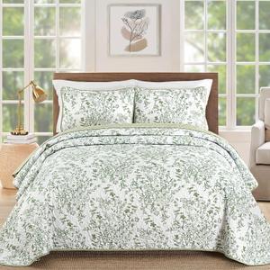 WONGS BEDDING Quilt King Size, Sage Green Quilt Bedding Set with 2 Pillowcases, Botanical Quilt for King Bed, Soft Microfiber Lightweight Coverlet Bedspread for All Season (110"90", 3 Pieces)