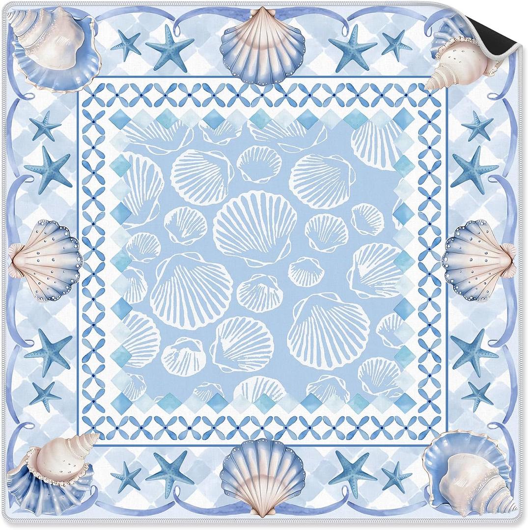 Blue Seashell Starfish Coastal Mahjong Mat 31.5 x 31.5 Inch, Preppy Beach Summer Non-Slip Noise Reduction Mahjong Table Mat for American Mah Jong Poker Card Board Games Dominoes