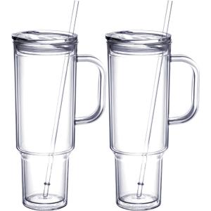 MEWAY 40 oz Tumbler with Handle and Straw LidDouble Wall Vacuum Reusable plastic Water Bottle Travel Mug CupClassic Acrylic Tumblers Cupholder Friendly (2 Pack) (Transparent)