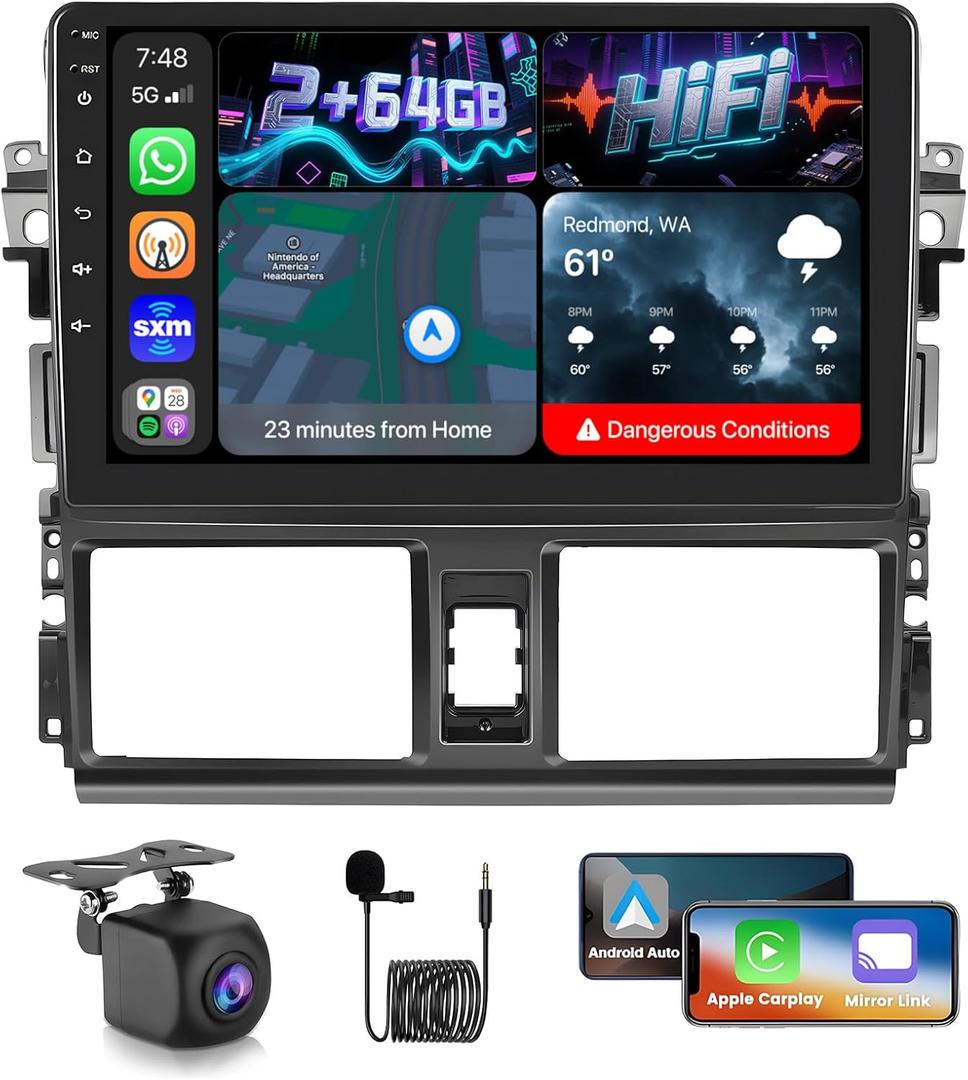 [Upgrade] Android 13 Car Radio for Toyota Yaris Vios 2013 2014 2015 2016, 10.1'' Touch Screen Bluetooth Radio with Wireless Carplay/Android Auto/GPS/Mirror Link/Bluetooth/HiFi/WiFi/2+64G