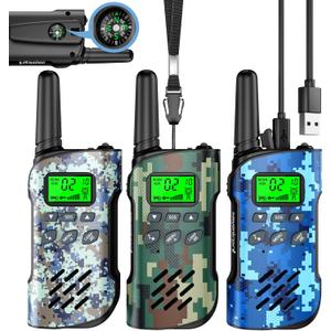 Walkie Talkies for Kids Rechargeable,Toys for Boys and Girls Ages 3-12, 3 Pack Long Range 2-Way Radios, Birthday Gifts,Christmas Stockings, Outdoor Play, Family Games, Hiking Camping Gear (Camouflage Compass)
