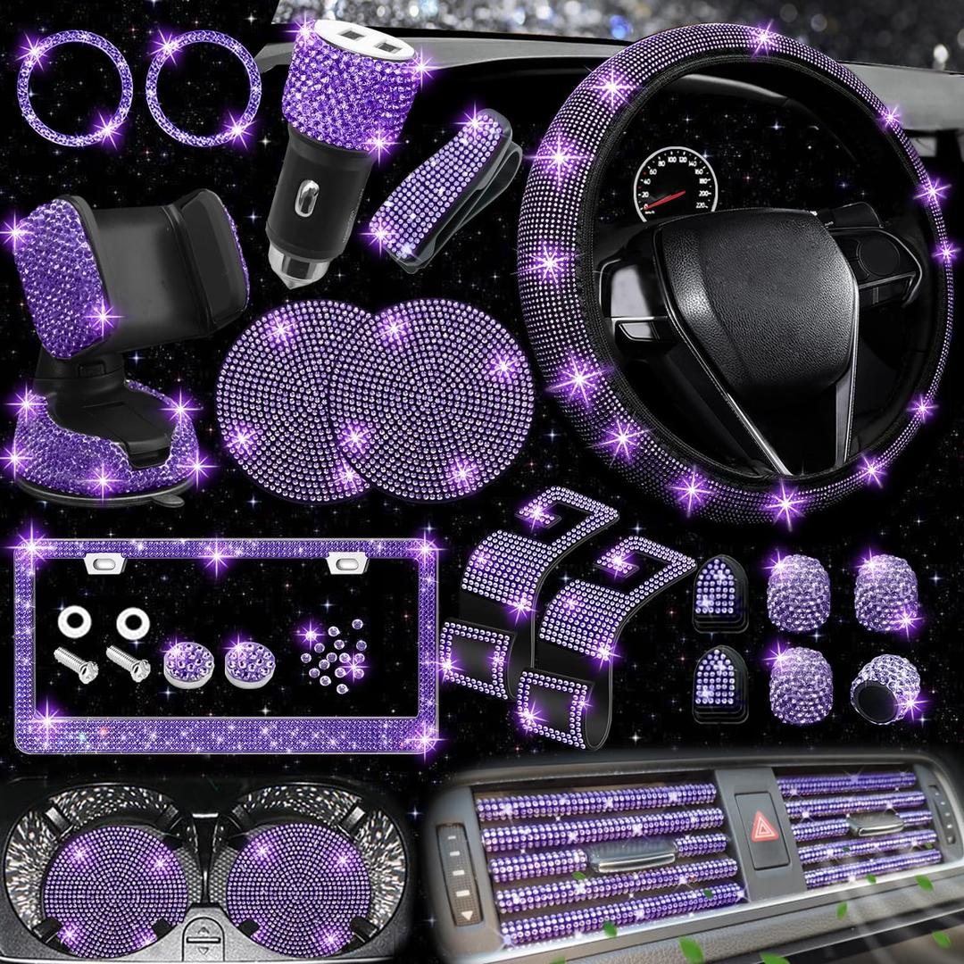 NBTEPEM 27 PCs Purple Violet Bling Car Accessories Set for Women, Steering Wheel Covers Universal Fit 15 Inch, Bling License Plate Frame, Bling Phone Holder, Bling Car Coasters