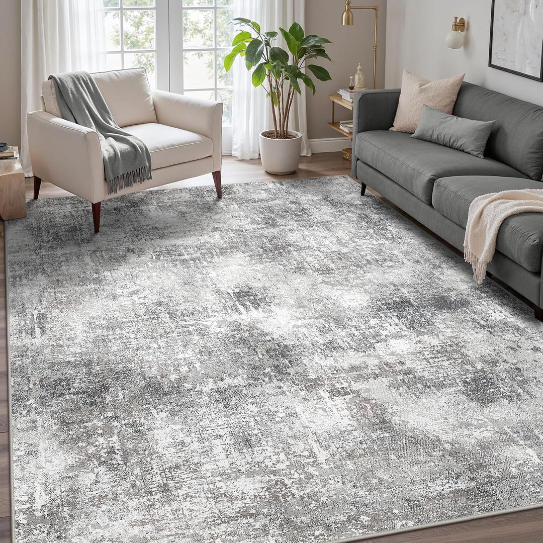 GENIMO Washable Area Rugs for Living Room, 8x10 Modern Non Slip Rugs, Low Pile Lightweight Soft Print Rug for Bedroom, Dining Room, Home Office, Grey