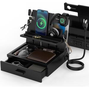 Nightstand Organizer with Charging Station, Wood Docking Station with USB Ports and Outlets, Gifts for Men, Bedside Holder with Drawer for Kindle,Phone,Key, Watch & Accessories (Classic Black)