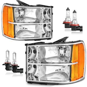 Headlights Assembly for 07-13 GMC Sierra 1500/07-14 Sierra 2500 HD 3500 HD Headlamp Replacement Chrome Housing Driver & Passenger Side