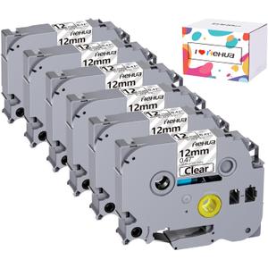 Hehua Clear Label Maker Tape TZe-131 TZe131 Compatible for Brother Label Maker Tape, Ptouch Tape 12mm 0.47 Clear Compatible for Brother Tze Tz Tape 12mm 0.47 Laminated, 6 Pack