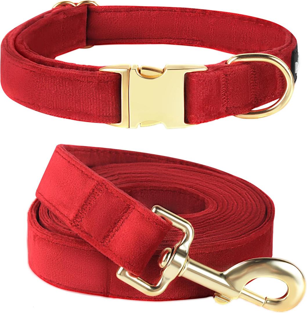 PetiFine Dog Collar and Leash Set, Adjustable Red Dog Collar, Super Soft Velvet Leash with Metal Buckle for Small Medium Large Breeds (Medium ( 14"-20"))