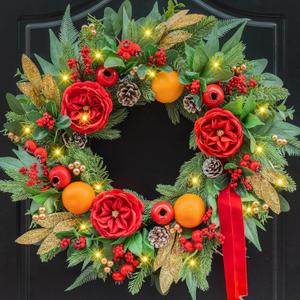 Pre-lit Christmas Wreaths for Front Door- 24 Inch Outdoor Christmas Wreath with Lights,Green Lighted Xmas Door Wreath with Pinecones,Red Flowers and Orange Berries for Holiday Decor