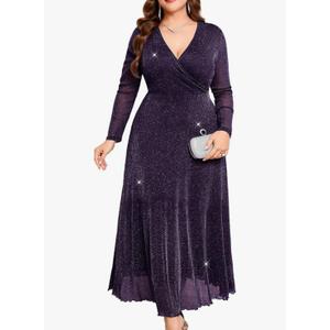 ZOMVA Plus Size Sparkly Maxi Dress V-Neck Wrap Long Sleeve A-Line Glitter Mesh Gown Wedding Guest Cocktail Evening Party 1XL