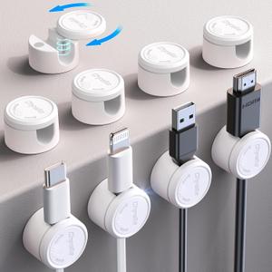 9 Pack Magnetic Cable Clips - Chfeila [Upgraded Twist-Lock] Cord Organizer, [360Rotating Lid] Cable Management, Adhesive Wire Holder for Home Office Desk Desktop Nightstand Car Table Wall (White)