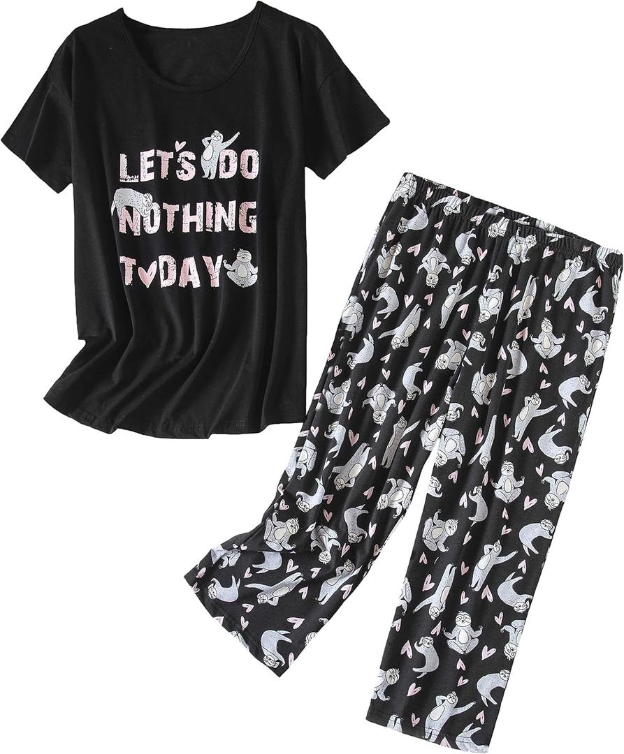 PNAEONG Womens Pajama Set - Sleepwear Tops with Capri Pants Casual and Fun Prints Pajama Sets, XL