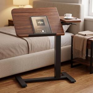 COMHOMA Tiltable Mobile Small Standing Desk, Pneumatic Adjustable Height Overbed Bedside Table with Wheels, Sit Stand Portable Rolling Laptop Desk Computer Workstations, Walnut, 28" W x 16" L x 26.5" H