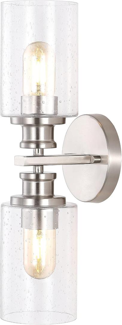 JONATHAN Y 16.5" Nickel 2-Light LED Wall Sconce, Modern Farmhouse Vanity Light with Seeded Glass Shade, Industrial Iron Fixture for Bathroom Mirror, LED Bulbs Included (JYL7577C)