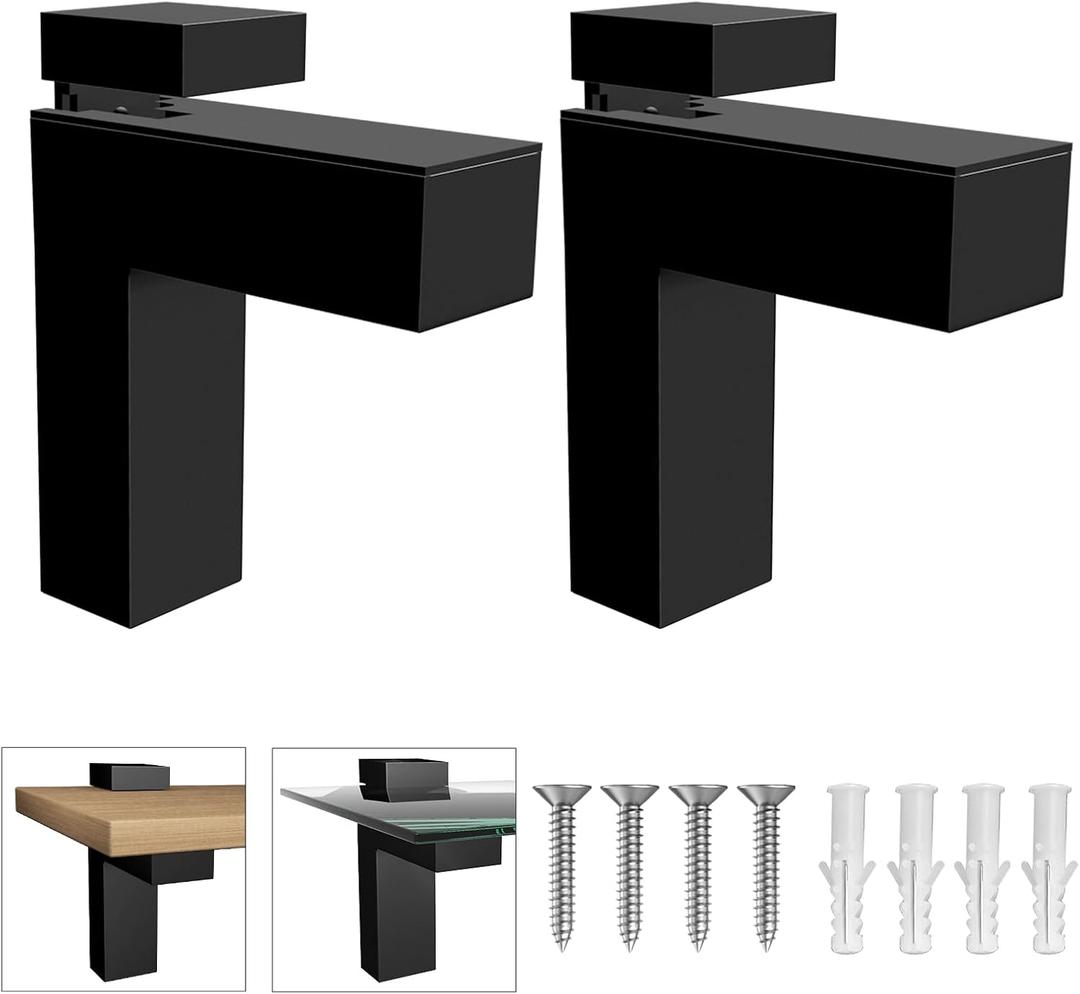 Adjustable 2 Pcs Glass Shelf Brackets Floating Wood Shelving Bracket for 3~28mm Wall Mount Black Glass Clip Holder Clamp for Wood Shelves Bathroom Cabinets Doors