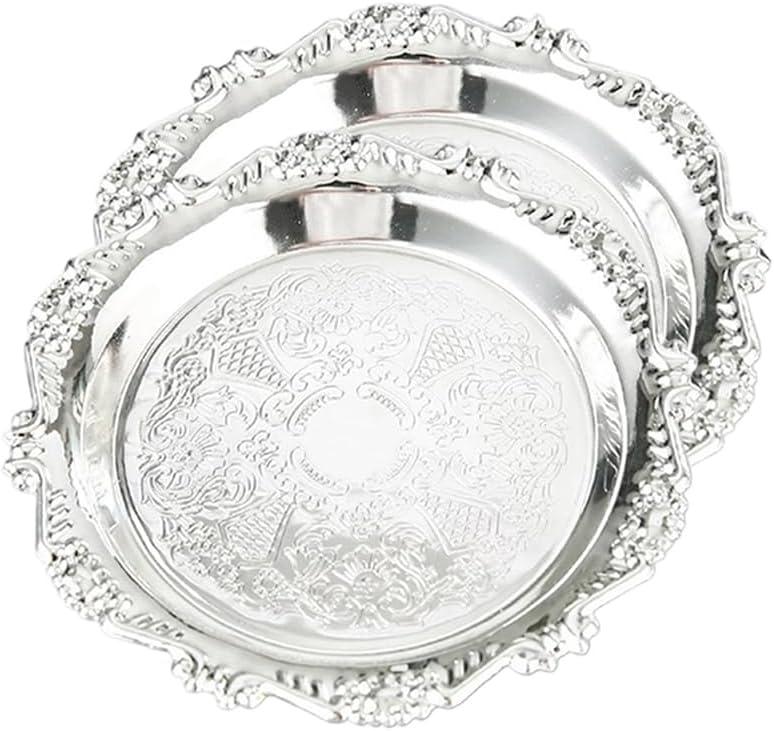 2PCS Coffee Table Tray 5.9in Round Decorative Tray Vintage Metal Dessert Plates for Snacks Fruit Silver