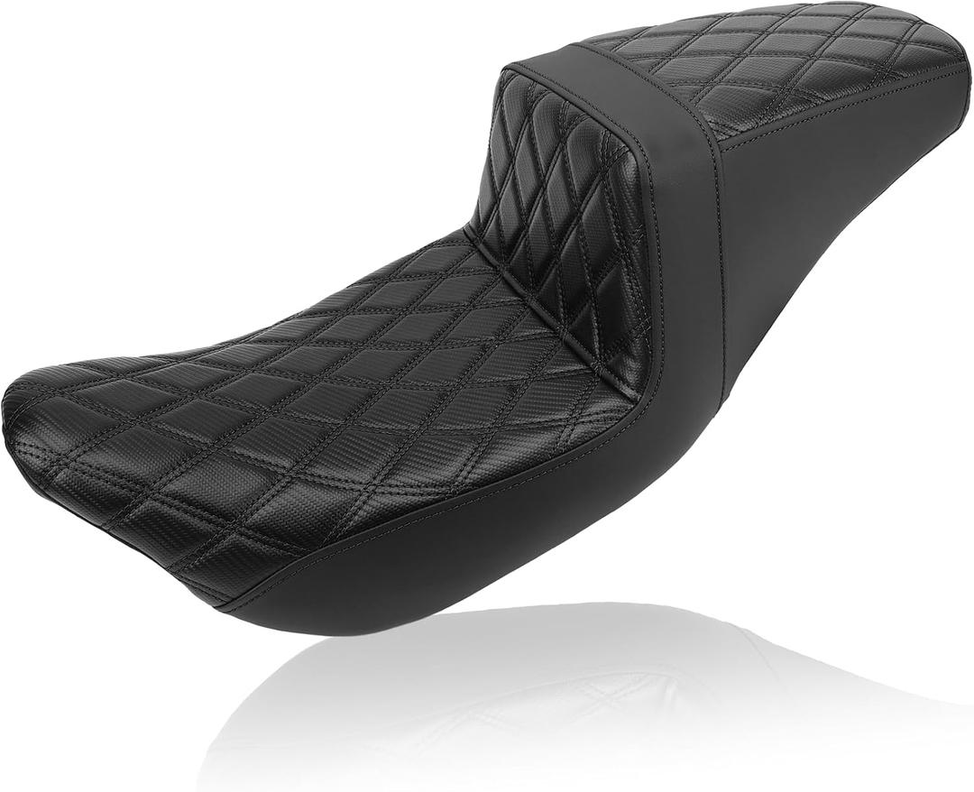 Touring Seat Low Profile 2-Up One-Piece Driver Passenger Seat Extended Reach Step Up Motorcycle Seats Leather Diamond Black Stitching for Harley Road King Electra/Street/Road Glide 2008-2023