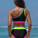 popvil Women's One Shoulder Swimsuit : Neon 2 Piece High Waisted Bikini Sets Cute 2026 Color Block Bathing Suit (S)