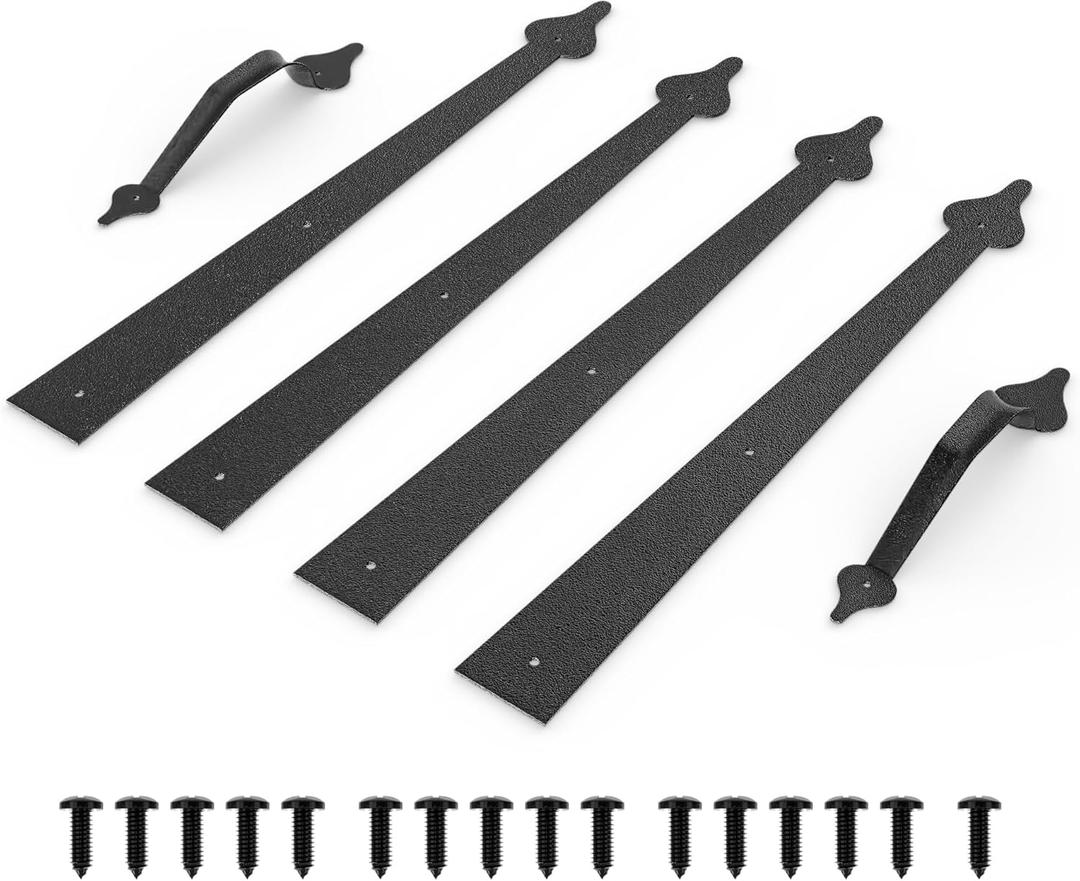 Steel Decorative Garage Door Hardware Kit, Faux Garage Door Accents,4hinges and 2handle Screw Mount, Black (1set)