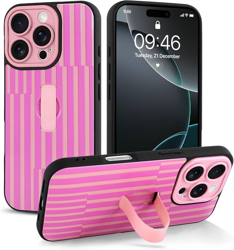 ZOEVEES Striped Phone Case for iPhone 16 Pro Max, with Finger Hand Strap Kickstand, Aesthetic Striped Cute Design for Women, Hybrid 2-Layer Hard Shell Phone Cover, Red