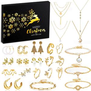 Jewelry Advent Calendar 2025 for Adult Women, 24 Day Christmas Countdown Calendar with Gold Earrings, Necklaces, Bracelets, and Rings, Christmas Surprise Gift for Wife Friends (Black)