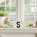 5 x Shzbtdo Easter Decorations for Home, Farmhouse Table Wooden Bunny Mantel Decors, Indoor Easter Sign Decor for Tiered Tray Decor