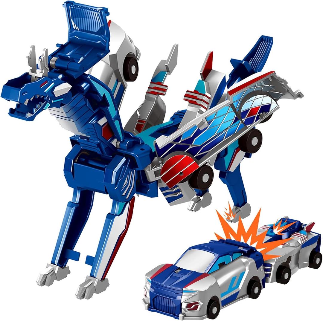 Intoypad Collision Transforming Dinosaur Car Toy, 2 Magnetic Cars Transform into Dinosaur Toys for Kids Toddler Fun Deformation Robot Dino Car Christmas Birthday Gift Toys for Boys Girls(Blue Dragon)