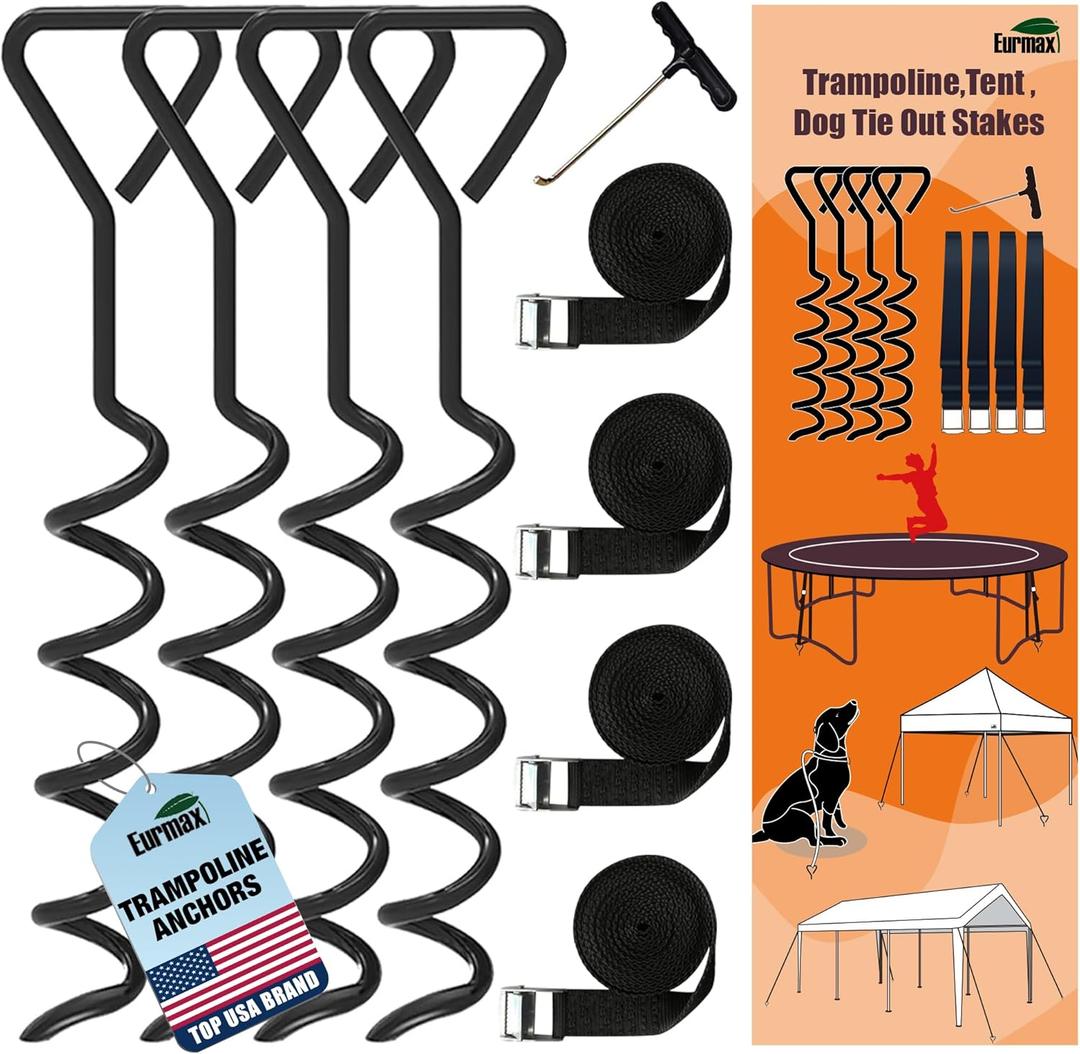 Eurmax USA Trampoline Stakes Heavy Duty Trampoline Parts Corkscrew Shape Steel Stakes Anchor Kit with T Hook for Trampolines -Set of 4 Bonus 4 Strong Belt (Black)