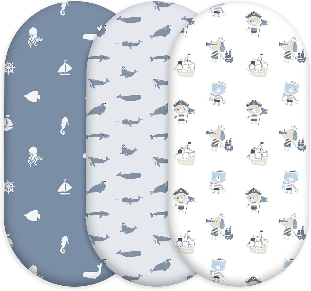 Civarua Kids Bassinet Fitted Sheets, 3 Pack Baby Boy and Girl, Soft Breathable Stretchy Baby Pad/Mattress Sheet Set, Universal Fit for Hourglass Oval and Rectangle Bassinet MattressBlue Whale Ocean