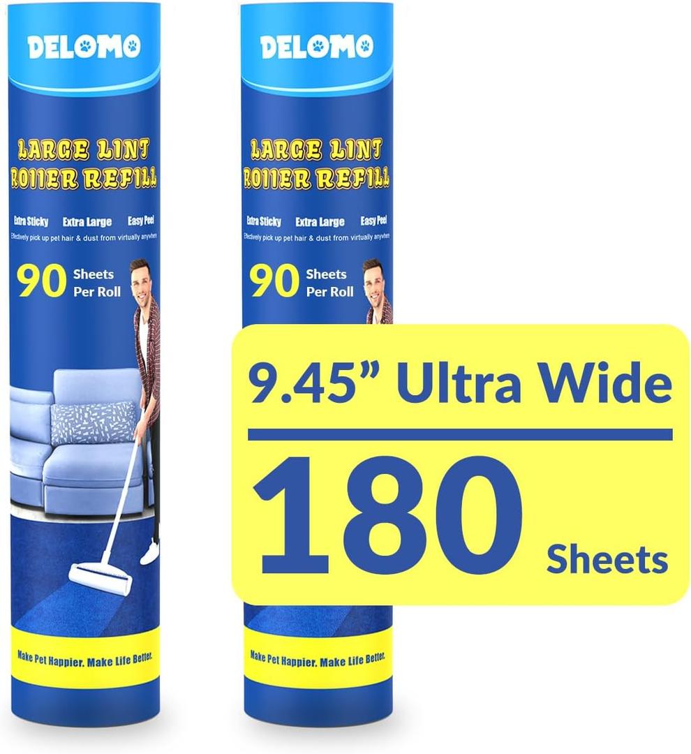 Lint Roller Refills (2 Pack, 180 Sheets) DELOMO 9.45 in Large Lint Roller Refill, Compatible Only with DELOMO Large Lint Roller, for Cleaning Carpets, Cars, Beds, Couches & Pet Hair