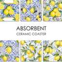 Coasters for Drinks Set of 6, Yellow Lemon Fruit Blue Ceramic Tiles Pattern Absorbent Square Ceramic Stone Mat, with Cork Base and Metal Holder, Gift for Housewarming Room Bar Decor