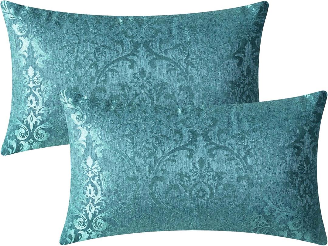 CaliTime Pack of 2 Throw Pillow Covers Cases for Couch Sofa Home Decoration Vintage Damask Floral Shining & Dull Contrast 12 X 20 Inches Teal