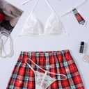 Avidlove Sexy Lingerie Set for Women Plaid Mini Skirt Outfit with Thong Set 4 Piece (Large)