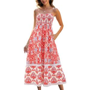 Gardenwed Women's Floral Print Maxi Dress,Spaghetti Strap Smocked Bodice A-Line Sundress with Pockets (M)