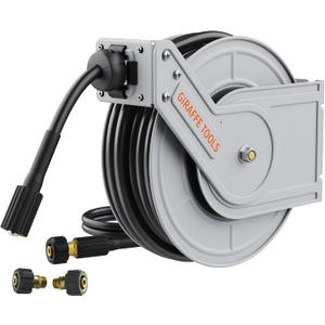 Giraffe Tools Pressure Washer Hose Reel, 1/4" x 65 ft Retractable Pressure Washer Reel, Heavy Duty Power Washer Reel, Any Length Lock, Auto Rewind, Wall Mounted, 4000 PSI, 2 * M22-15mm Connectors