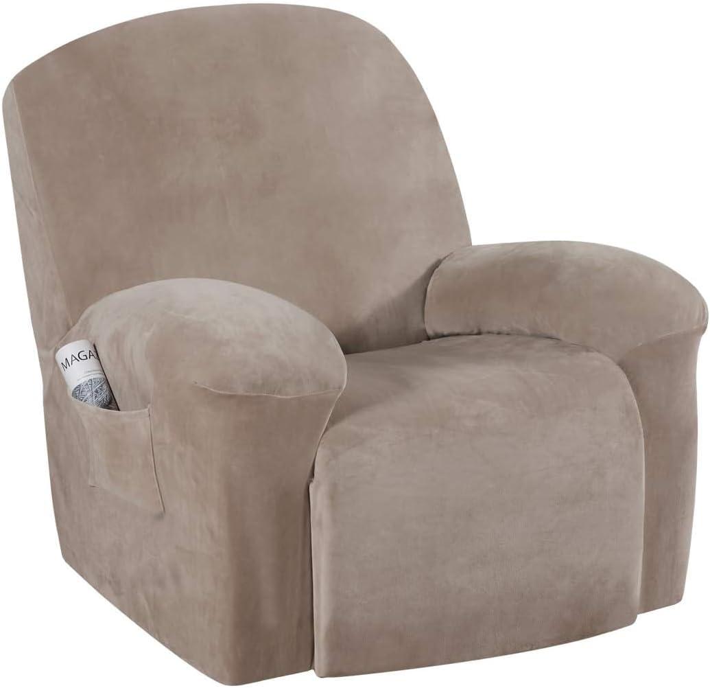 H.VERSAILTEX Velvet Recliner Chair Covers 1-Piece for Reclining Chair, Recliner Cover Feature Thick Luxury and Soft Fabric with Elastic Bottom, Anti-Slip Foams Attached (Taupe,X-Large)