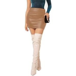 WDIRARA Women PU Leather Bodycon Short Skirt Ruched Wrap High Rise Skirt Apricot Solid, XXL