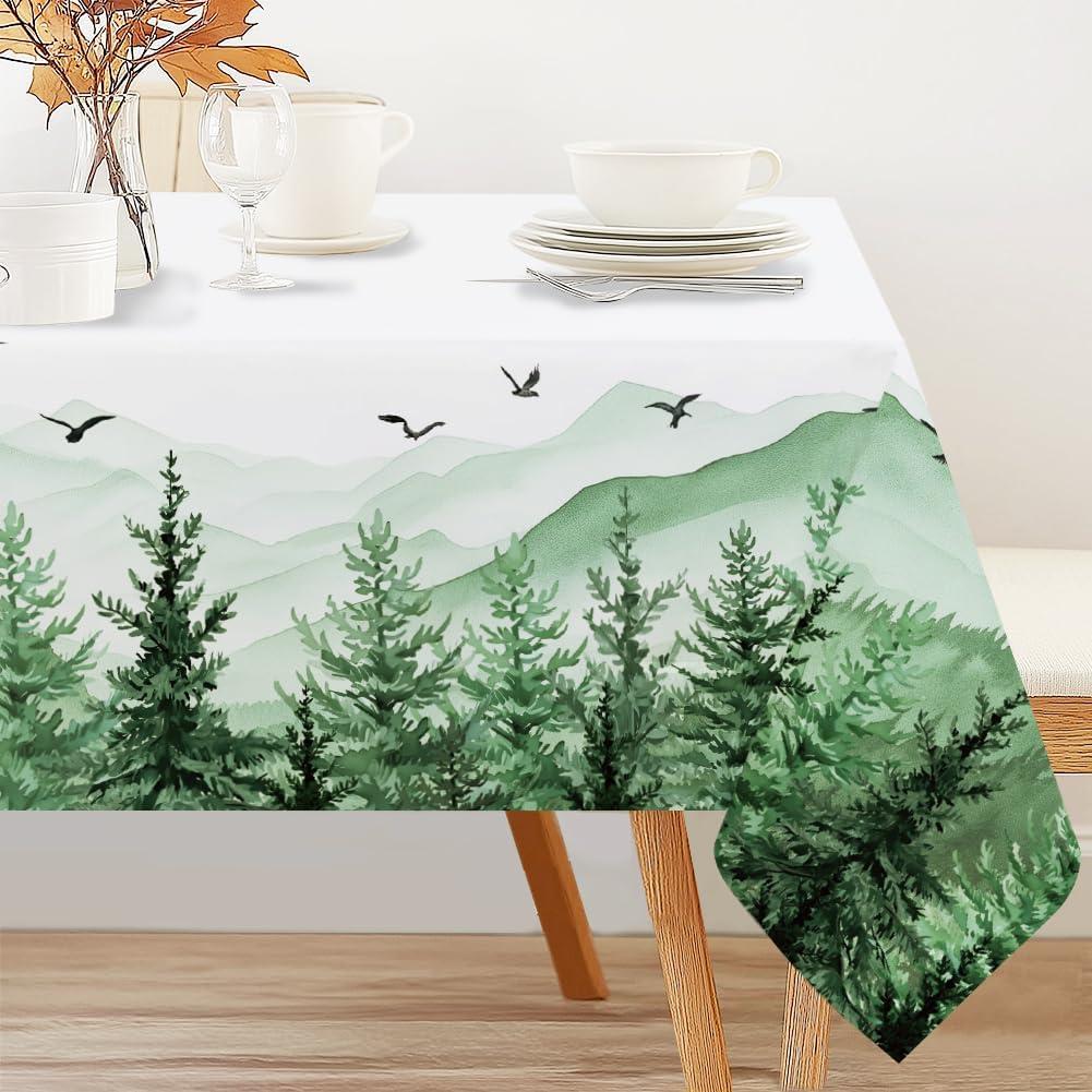 INFUNLY Forest Green Tablecloth Rectangle 60 x 90Inch Washable Mountain Pine Tree Table Cloth Watercolor Woodland Tablecloth Waterproof Polyester Rectangular Table Cover for Kitchen Party Picnic