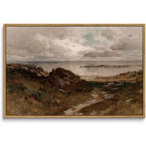 InSimSea Framed Canvas Wall Art Vintage Decor, Seaside Path Wilderness Landscape Paintings Artwork, Large Prints, Retro Wall Decorations for Living Room Bedroom Bathroom, 16"x24" (Massachusetts Coast)