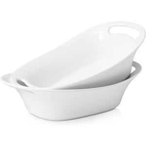 DOWAN Large Serving Bowls with Handles, 60 OZ Oval Serving Platter for Turkey, Fruit Salad Serving Dishes for Entertaining, Porcelain Pasta Bowls for Thanksgiving Day, Parties, Set of 2, Soft White