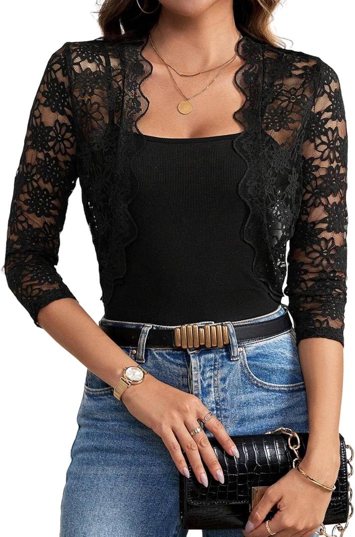 Urchics Womens Open Front Lace Shrug Top 3/4 Sleeve Cropped Cardigan Elegant Jacket Bolero Shrugs (Small, 01-black Lace)