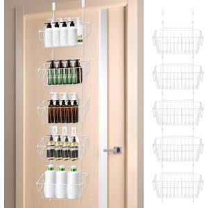 Over The Door Organizer  5 Removable Hanging Baskets, Back of Door Storage for Bathroom, Kitchen, Pantry & Garage, No Tools Needed, 3 Installation Methods (Wall/Door Mount) White