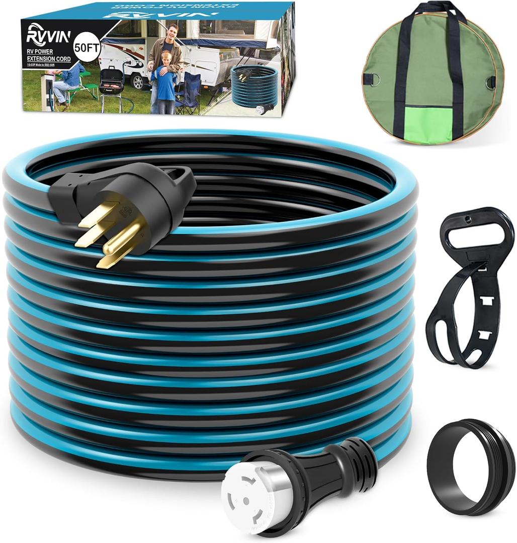50 Amp 50 Feet RV Extension Cord, 14-50P to SS2-50R Heavy Duty STW Generator Extension Cord for RV Camper and Generator to House, with Locking Connector, ETL Listed (Black&Blue)