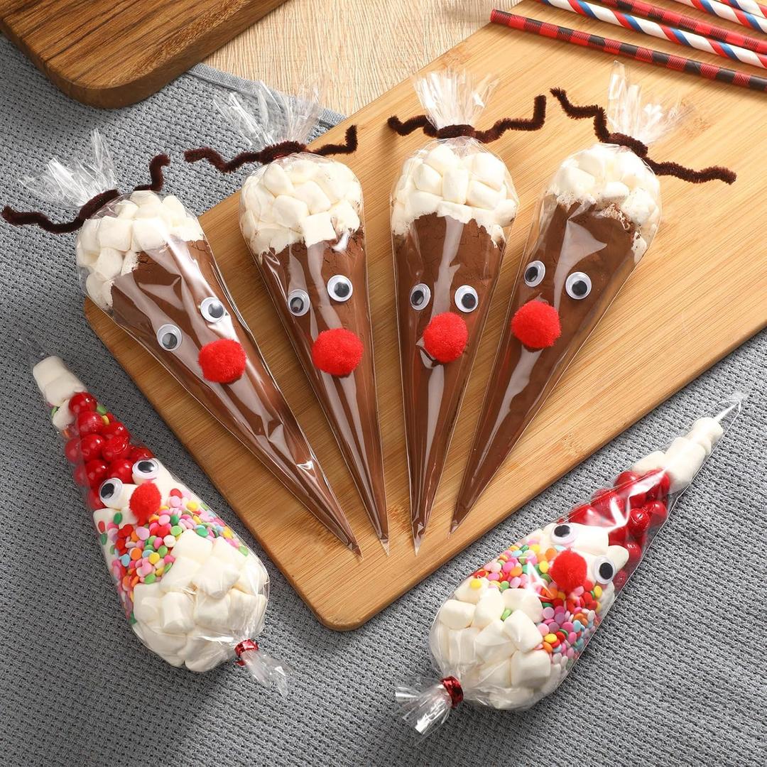 Yexiya 100 Set Christmas Hot Cocoa Bar Supplies Santa Claus Reindeer Cone Cellophane Bag Decoration Cocoa Chocolate Marshmallow Bags for Xmas DIY Hot Chocolate Bar Packing Party