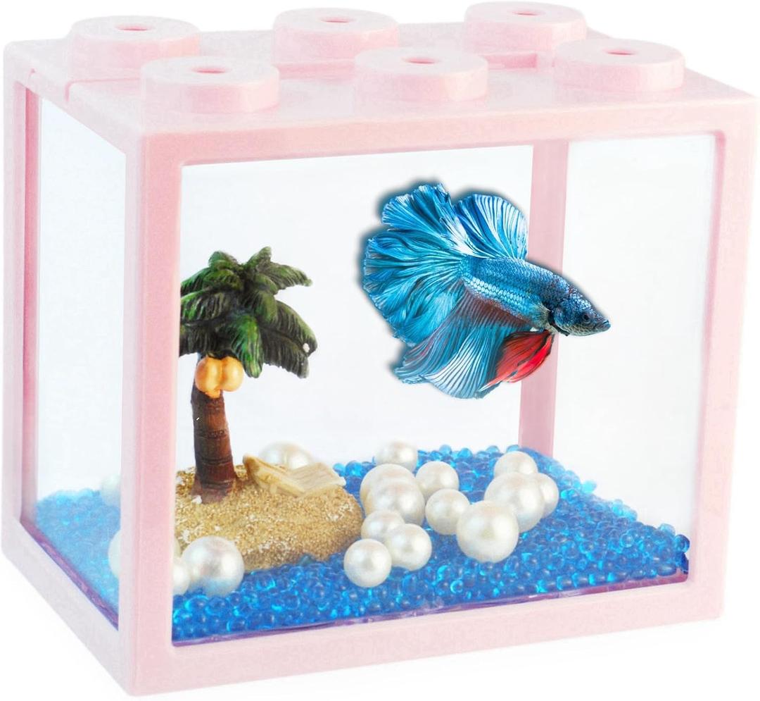 Small Betta Fish Tank, Stackable Mini Aquarium Tank Kit with Aquarium Gravel Pearl Decoration, 3/5 Gallon Fish Bowl Tiny Cube Tank for Seaweed Balls Sea Monkeys, Pink