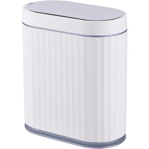 ELPHECO Bathroom Motion Sensor Trash can 2 Gallon Automatic Garbage Can, Slim Plastic Smart Trash Can with Lid, Commercial Intelligent Trash Bin for Bedroom, Bathroom, Office, White with Grey Trim