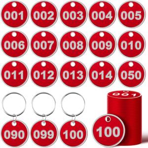 Tandefio 1-100 Numbered Key Tags Round ID Aluminum Alloy Metal Number Tags Marking Hang Luggage Labels with Rings for Dormitory Key Chain Box Cabinet Lockers(Red)
