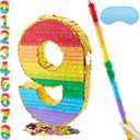 PCFING 20 Inch Number 9 Piata Rainbow with 30 Inch Piata Stick Blindfold Confetti for Boys Girls Adults Birthday Party Decorations, Anniversary Celebration, Fiesta