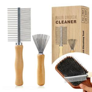 Hair Brush Cleaner Tool, 2 in 1 comb cleaning brush with Eco Bamboo Handle - Deep Clean Hair, Buildup, Rust-Proof Steel Teeth for Boar Bristle, Paddle, Detangling & Styling Brushes
