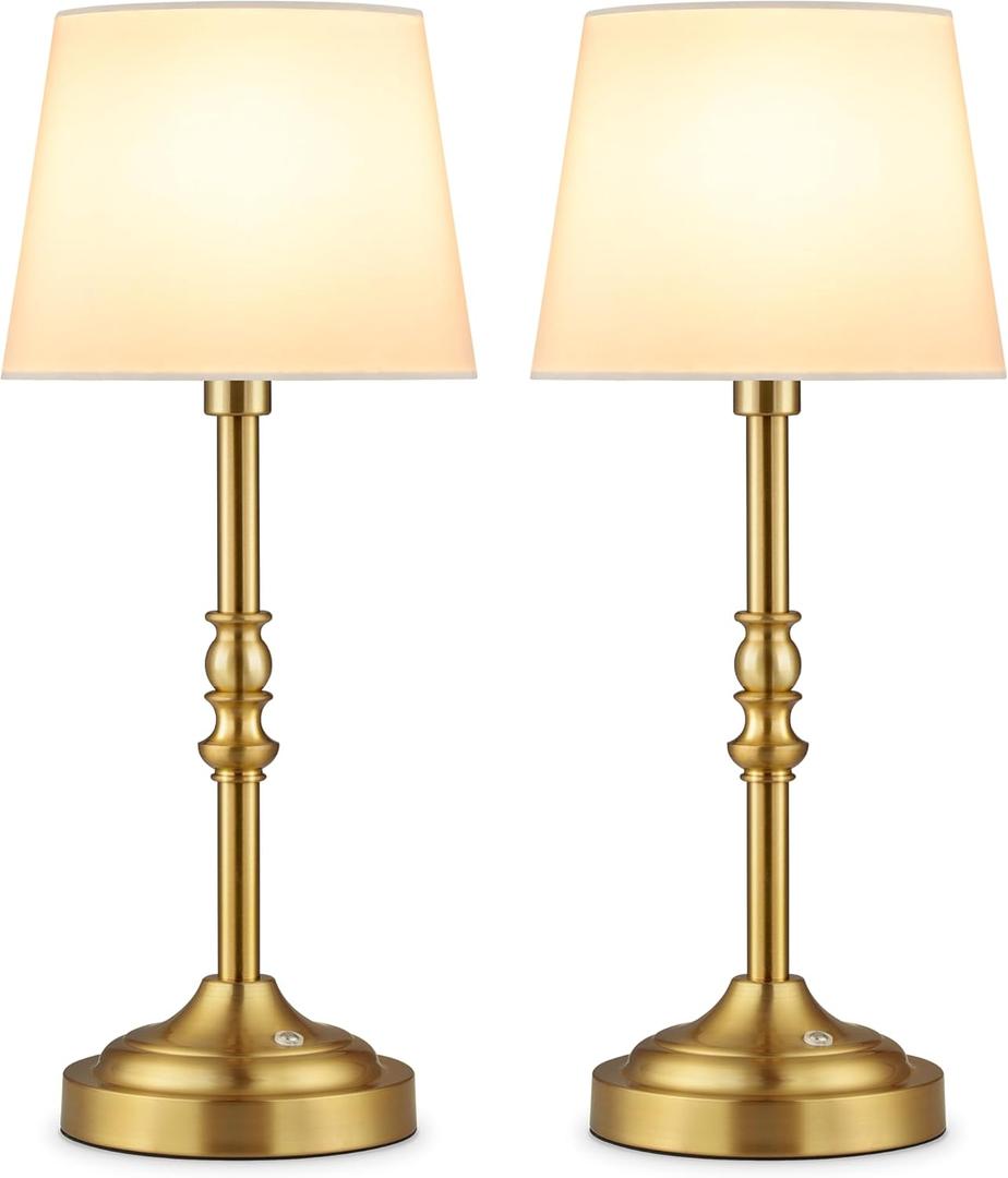 GGOYING Set of 2 Rechargeable Cordless LED Table Lamps, 4-Level Dimmer, Bronze Portable Desk Lamps with White Fabric Shades, Night Light for Dining, Bedroom and Patio (2 Count (Pack of 1))